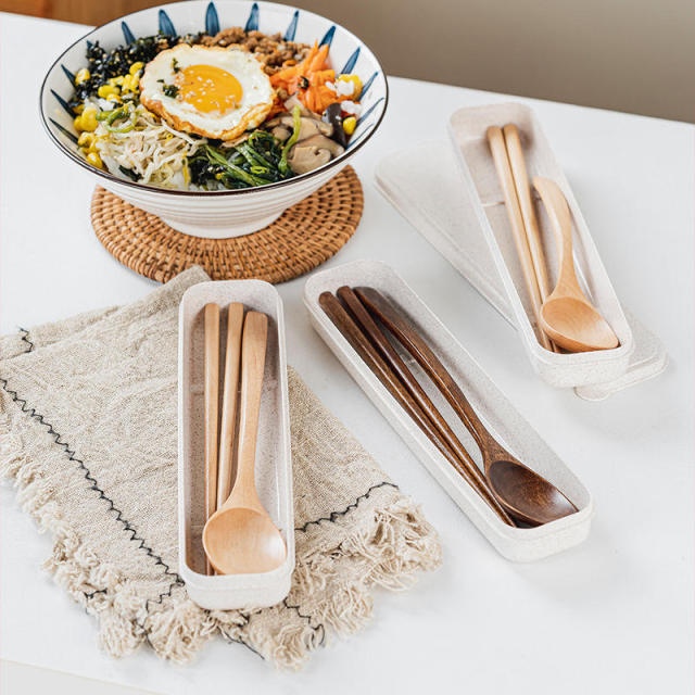 Creative Wooden Cutlery Spoon Chopsticks Set Portable Combination Spoon Chopsticks with Wooden Handle