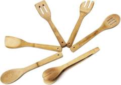 Spoon Bamboo or Wooden Kitchen Cooking Utensil 6 Pieces Set with Holder
