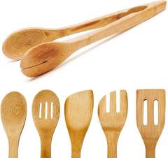 Spoon Bamboo or Wooden Kitchen Cooking Utensil 6 Pieces Set with Holder
