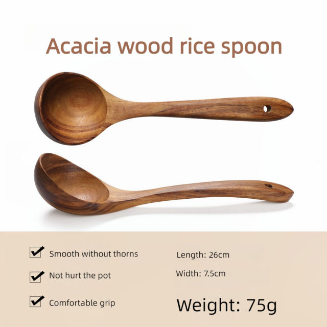 Classic Natural Wood Ladle Large Soup Spoon with Long Handle Handmade Non-Stick Utensils