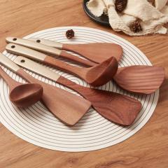 5 Pcs Non Stick Bamboo Wooden Kitchen Cooking Utensil Sets