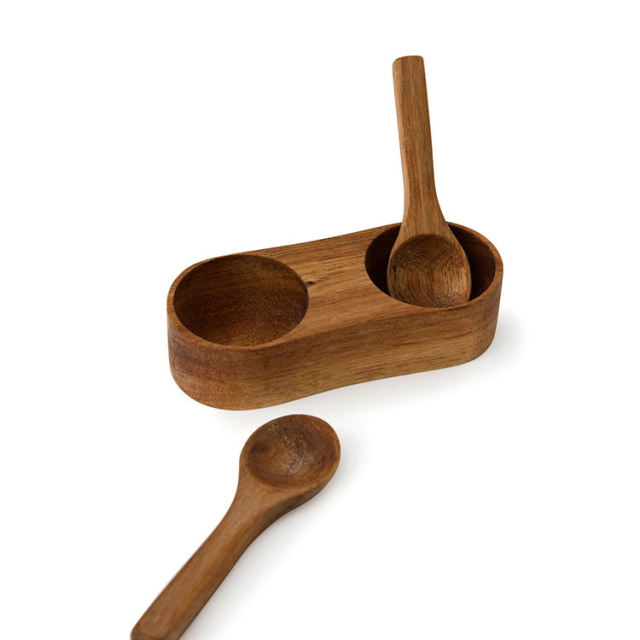 Acacia Wood Salt and Pepper Pinch Bowl with Spoons