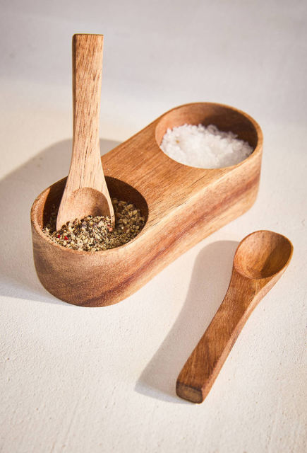 Acacia Wood Salt and Pepper Pinch Bowl with Spoons