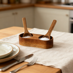 Acacia Wood Salt and Pepper Pinch Bowl with Spoons