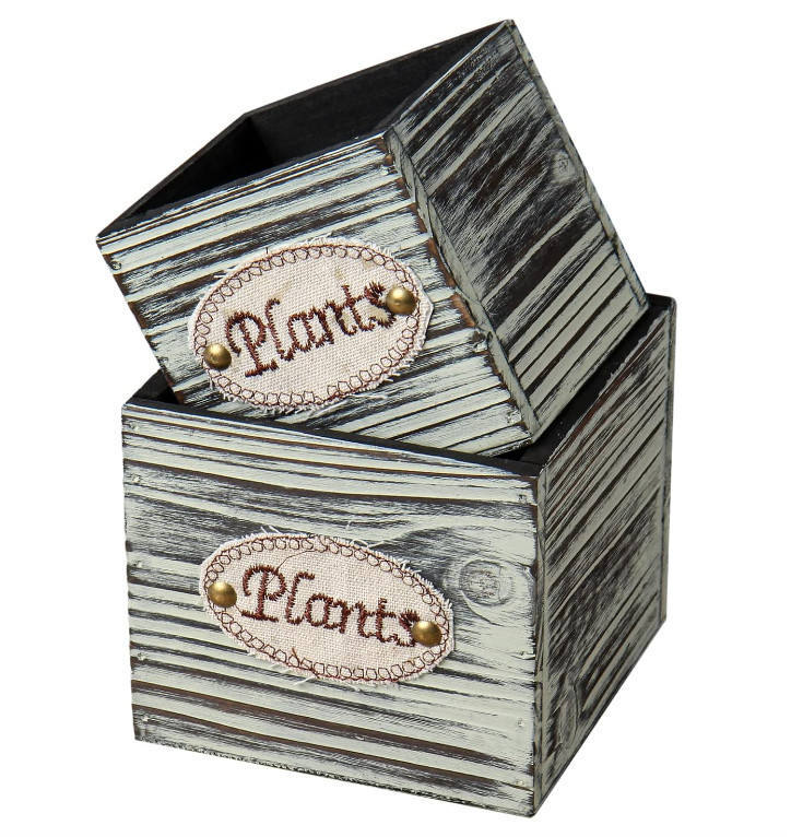 Set of 2 Rustic Square Small Wooden Flower Boxes Pots