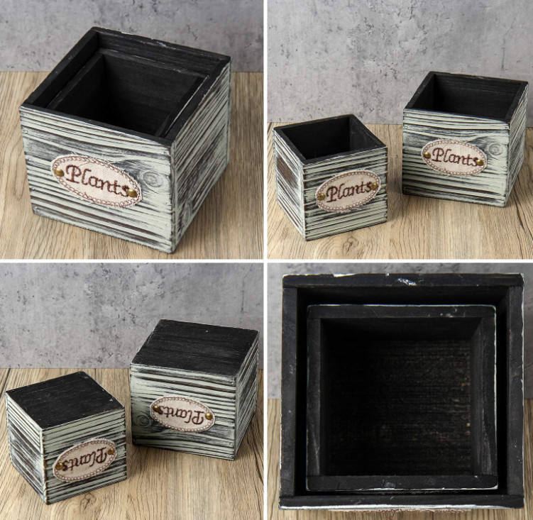 Set of 2 Rustic Square Small Wooden Flower Boxes Pots