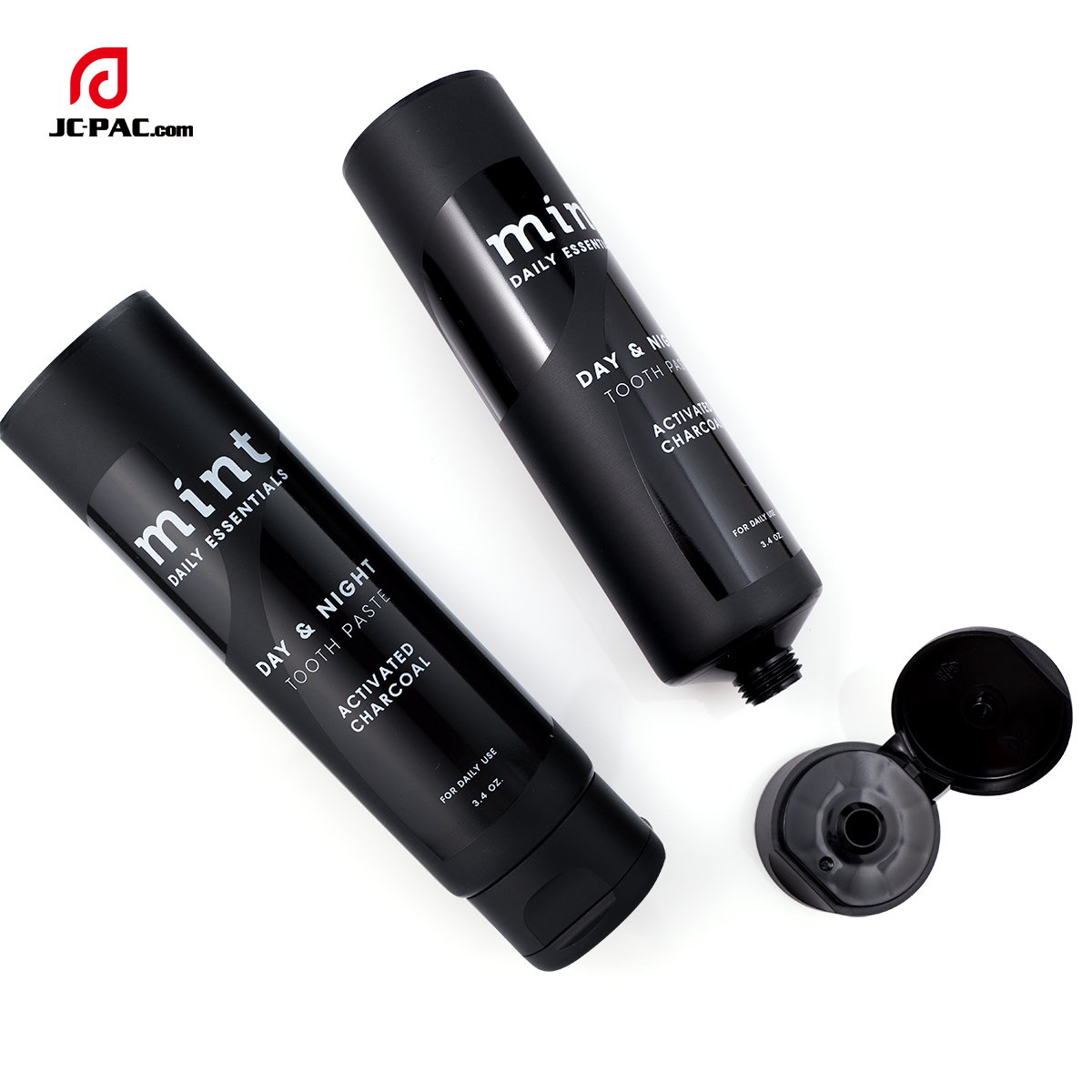 3.4 oz Matte Black Soft Tube with Transparent Gloss Silkscreen Printing with Centered Flip Top Cap