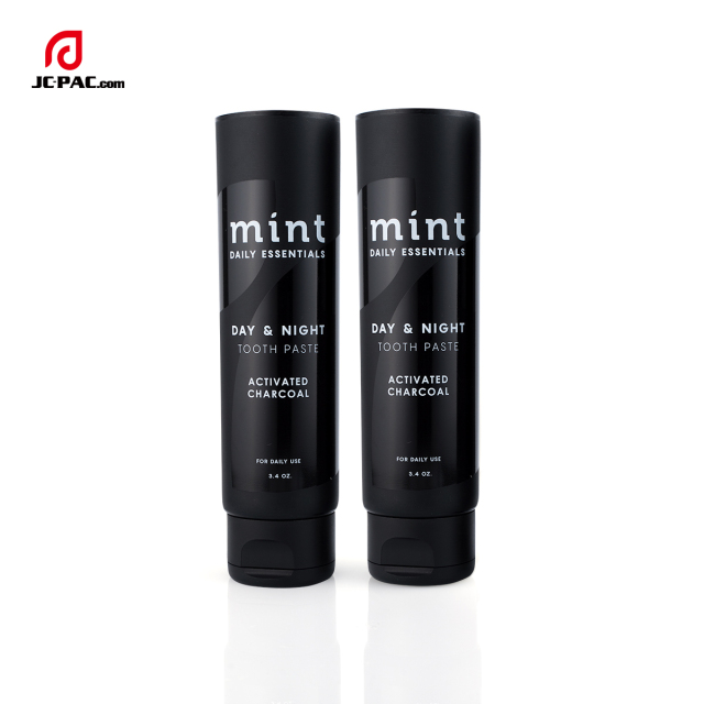 3.4 oz Matte Black Soft Tube with Transparent Gloss Silkscreen Printing with Centered Flip Top Cap