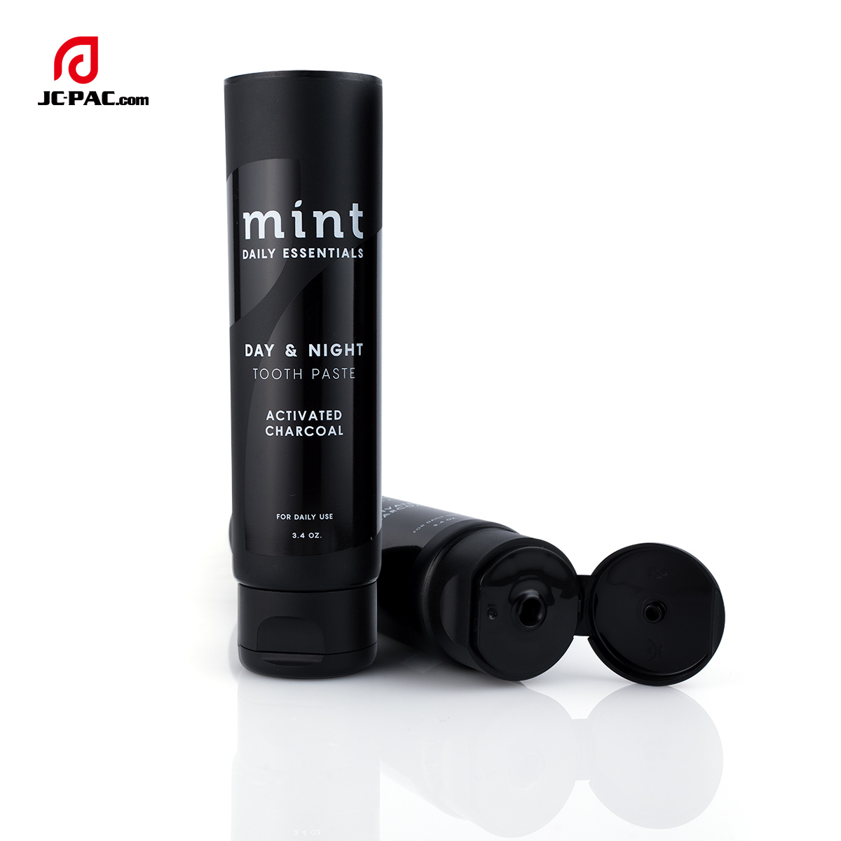 3.4 oz Matte Black Soft Tube with Transparent Gloss Silkscreen Printing with Centered Flip Top Cap