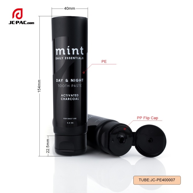 3.4 oz Matte Black Soft Tube with Transparent Gloss Silkscreen Printing with Centered Flip Top Cap