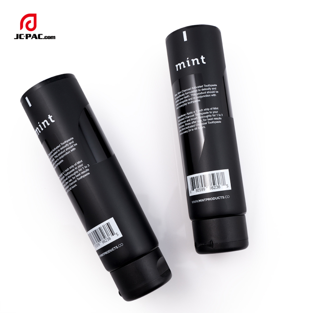 3.4 oz Matte Black Soft Tube with Transparent Gloss Silkscreen Printing with Centered Flip Top Cap