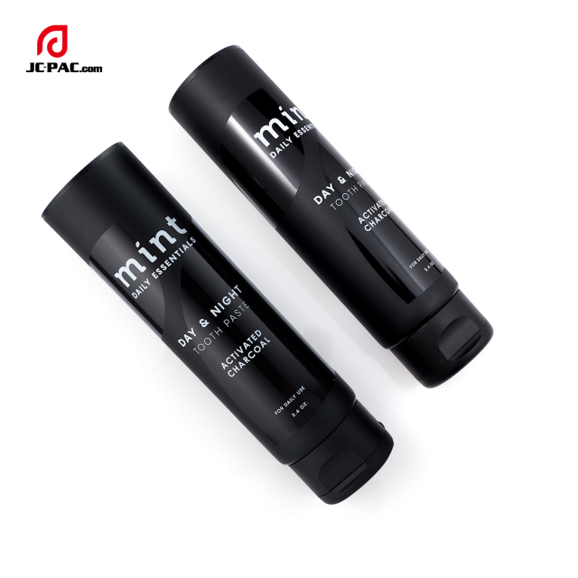 3.4 oz Matte Black Soft Tube with Transparent Gloss Silkscreen Printing with Centered Flip Top Cap