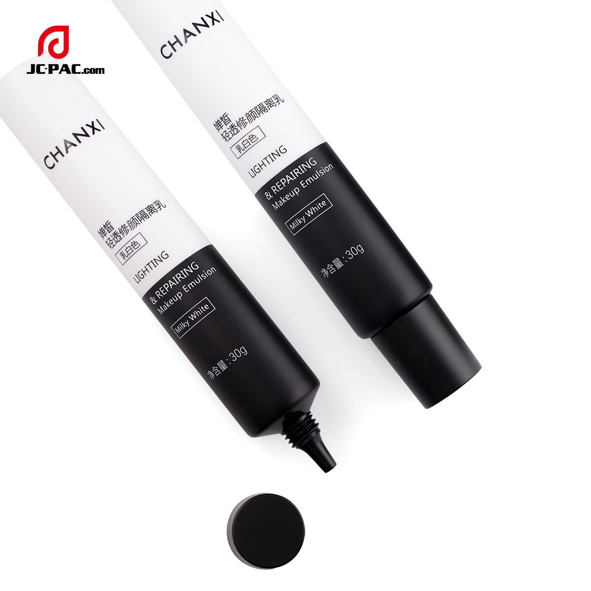 25mm Diameter Lighting & Repairing Makeup Emulsion Tube Packaging with Nozzle Tip Black and White Design 5 laylers PE Tube Cosmetics Packaging