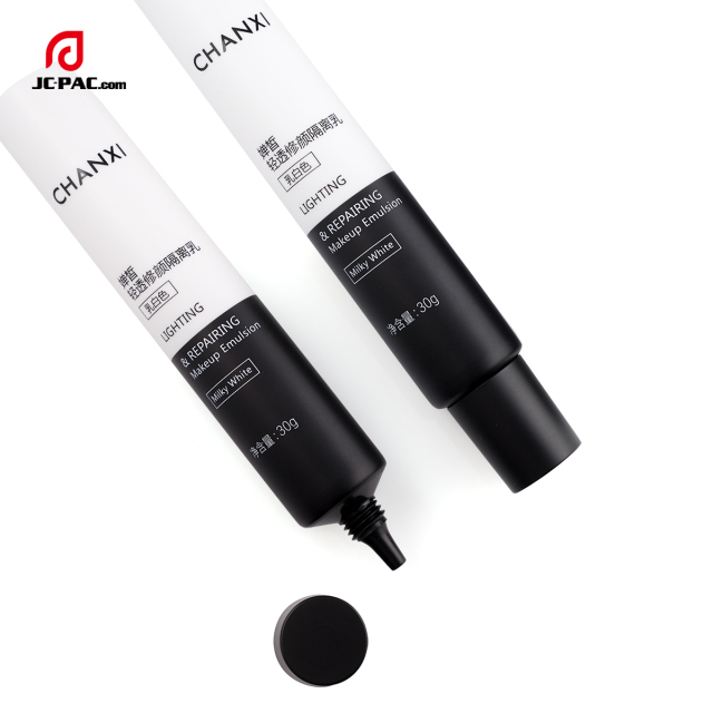 25mm Diameter Lighting & Repairing Makeup Emulsion Tube Packaging with Nozzle Tip Black and White Design 5 laylers PE Tube Cosmetics Packaging