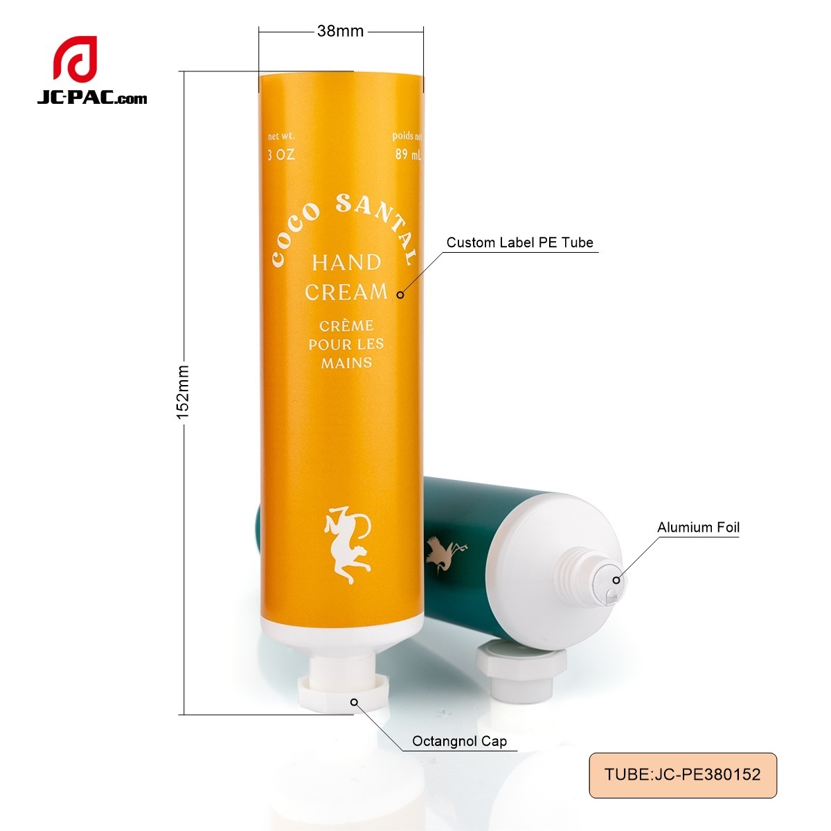 38mm Diameter Custom Hand Cream Tube Set with Octagonal Screw Cap Cosmetics Tube Packaging 3 oz 89ml