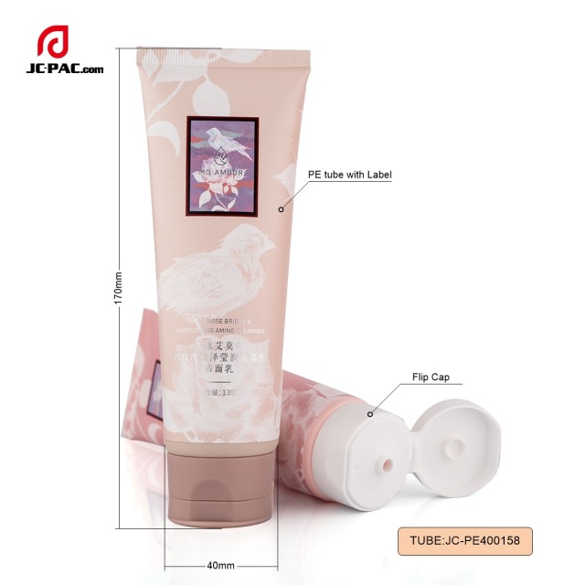 40mm Diameter Pink Facial Cream Tube with Label Printing Cosmetics Packaging with Centered Flip Cap 80ml 90ml 100ml 130ml
