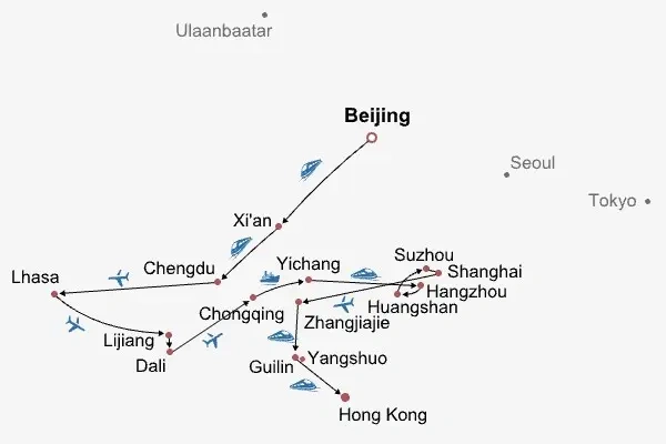 30 Days Private Tour of Beijing - Xi'an - Chengdu - Lhasa - Lijiang - Dali - Chongqing - Yangzte River - Yichang - Hangzhou - Huangshan - Suzhou - Shanghai - Zhangjiajie - Guilin -Yangshuo - Guilin - Hong Kong