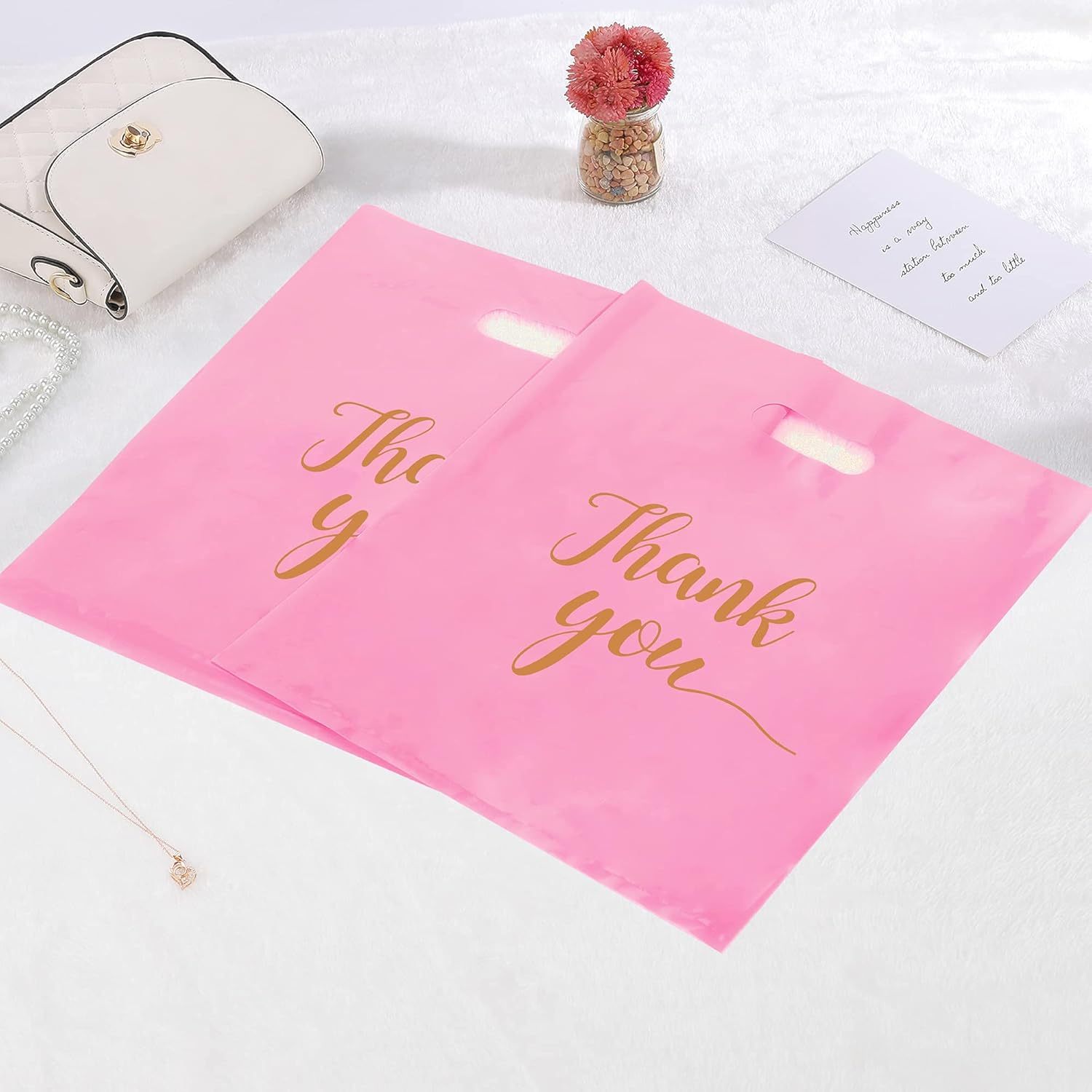 Custom Logo Printed Plastic Carry Bag Thank You Die Cut Handle Carry Shopping Packaging Bags for Boutique Retail Shopping