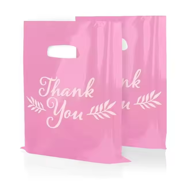 Custom Merchandise Bags Thank You Bags with Die Cut Handles Plastic Shopping Bags for Small Business Retail Boutique Gifts