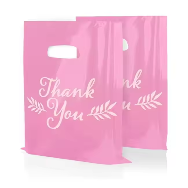 Custom Merchandise Bags Thank You Bags with Die Cut Handles Plastic Shopping Bags for Small Business Retail Boutique Gifts