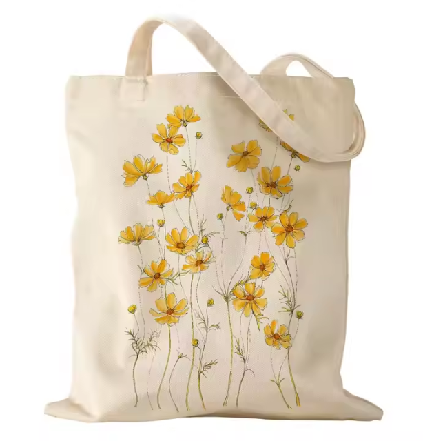 Custom Natural Canvas Tote Bags with Long Handle Reusable Cotton Shopping Bags for School Work Daily Life Women's Shoulder Bag