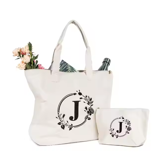 Custom Natural Canvas Tote Bags with Long Handle Reusable Cotton Shopping Bags for School Work Daily Life Women's Shoulder Bag