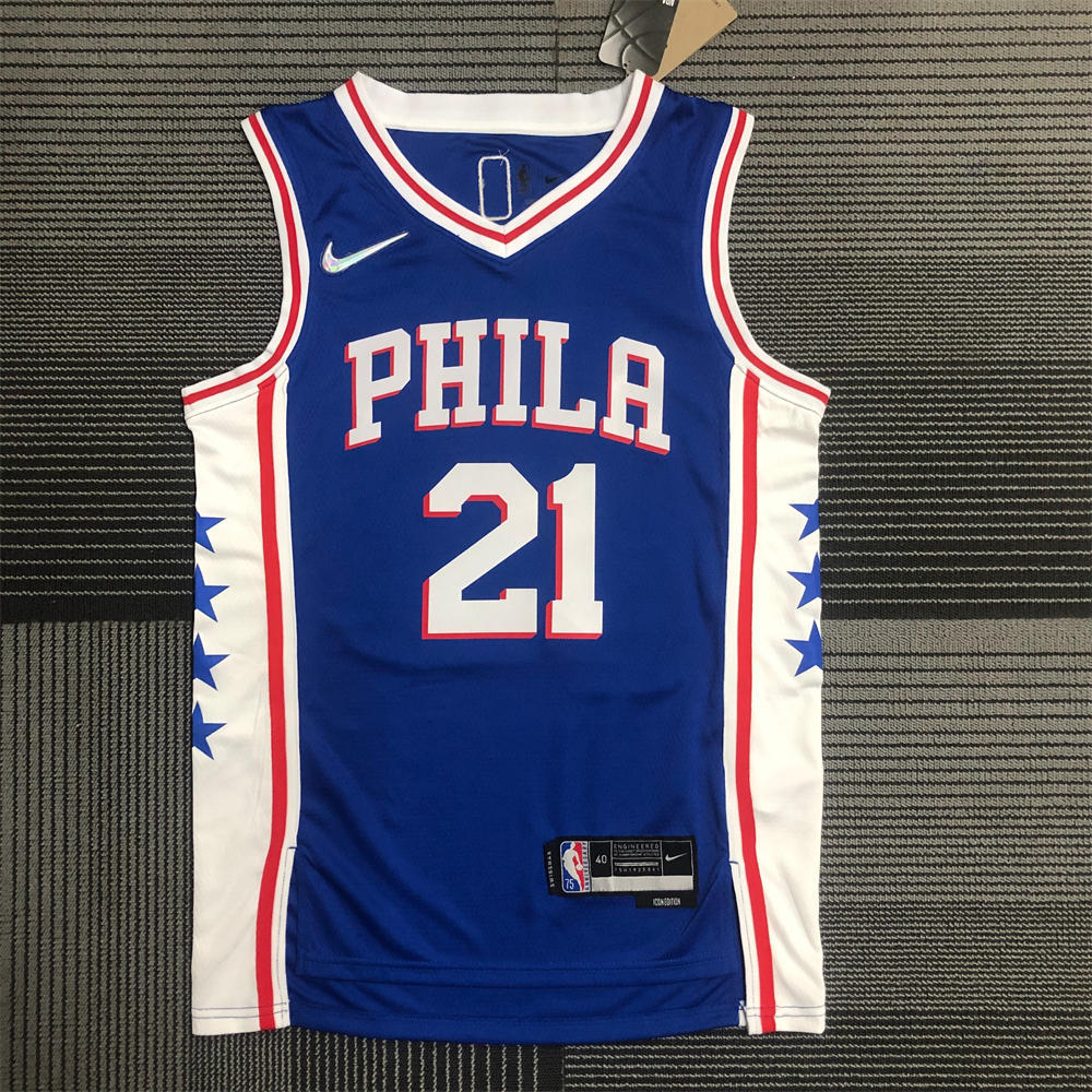 NBA Philadelphia 76ers Round Neck Blue 75th Anniversary Jersey EMBIID#21 S-XXL