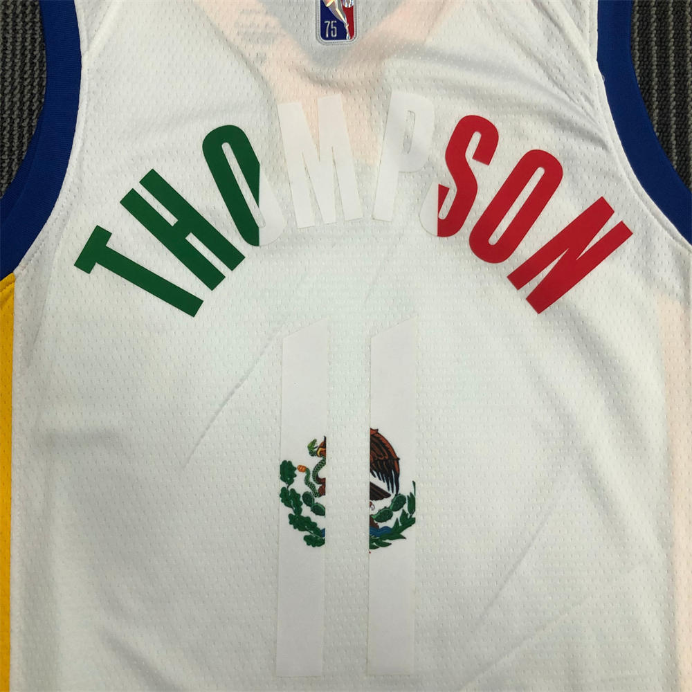 NBA Golden State Warriors V-Neck Mexico Edition 75th Anniversary White Jersey THOMPSON#11 S-XXL