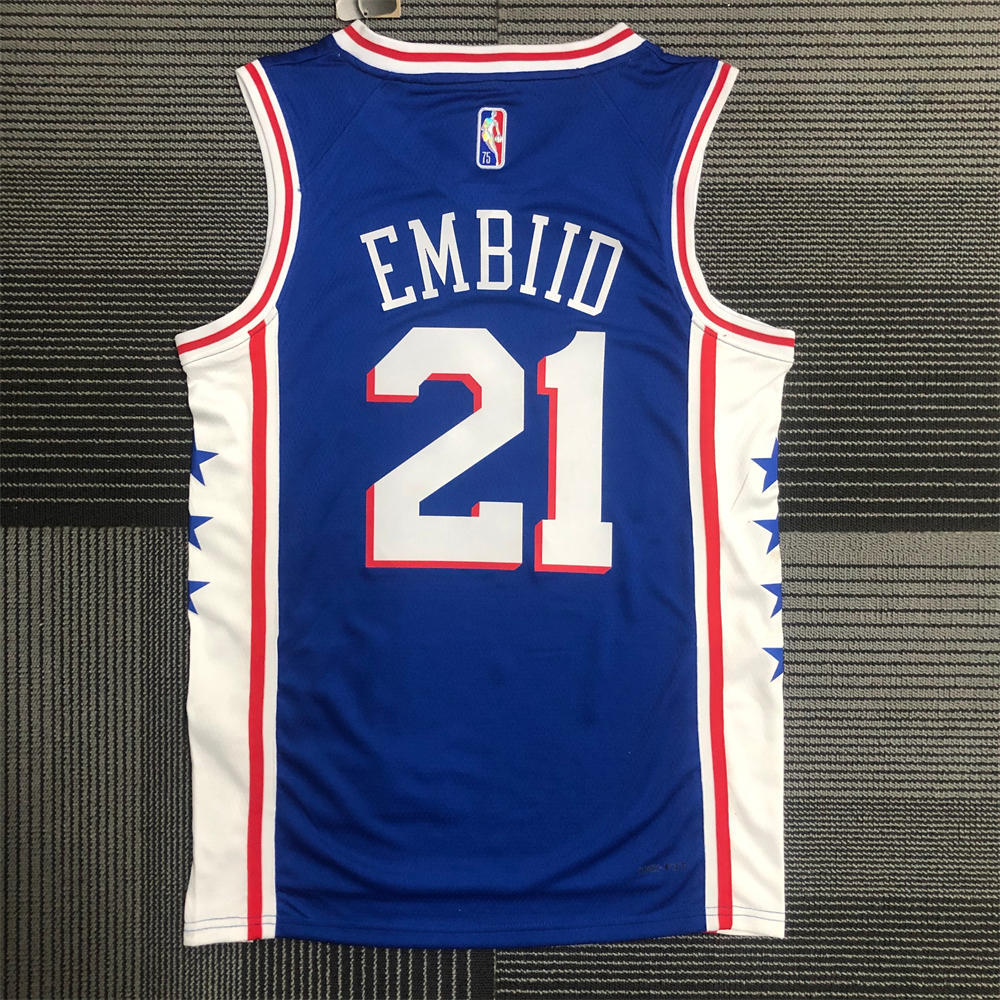 NBA Philadelphia 76ers Round Neck Blue 75th Anniversary Jersey EMBIID#21 S-XXL