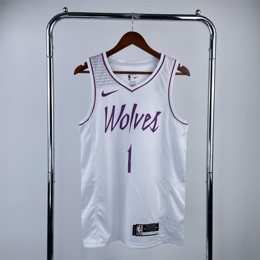 NBA Minnesota Timberwolves V-Neck White Jersey EDWARDS#1 S-XXL