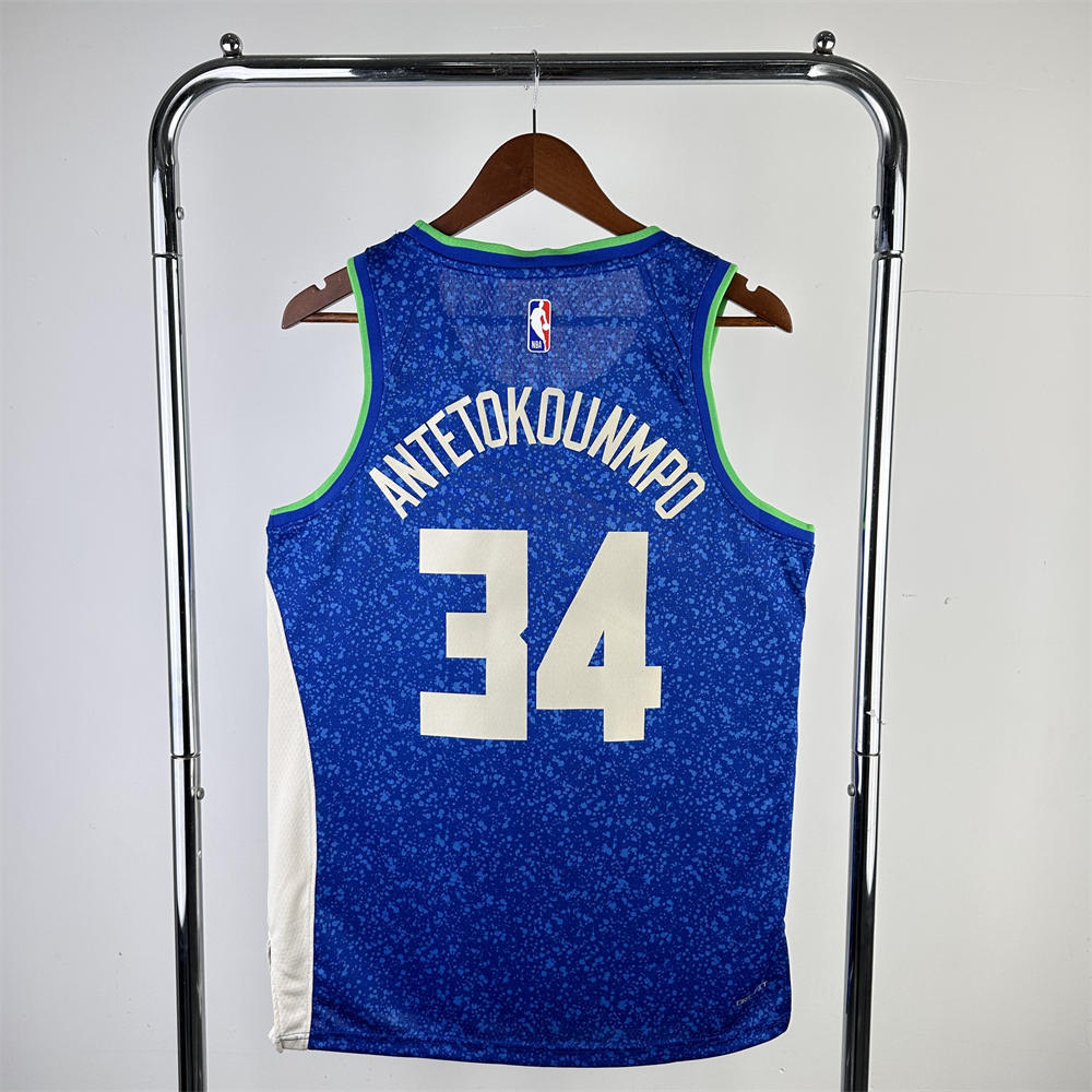 NBA Milwaukee Bucks 2024 Round Neck City Edition Blue jersey ANTETOKOUNMPO#34 S-XXL