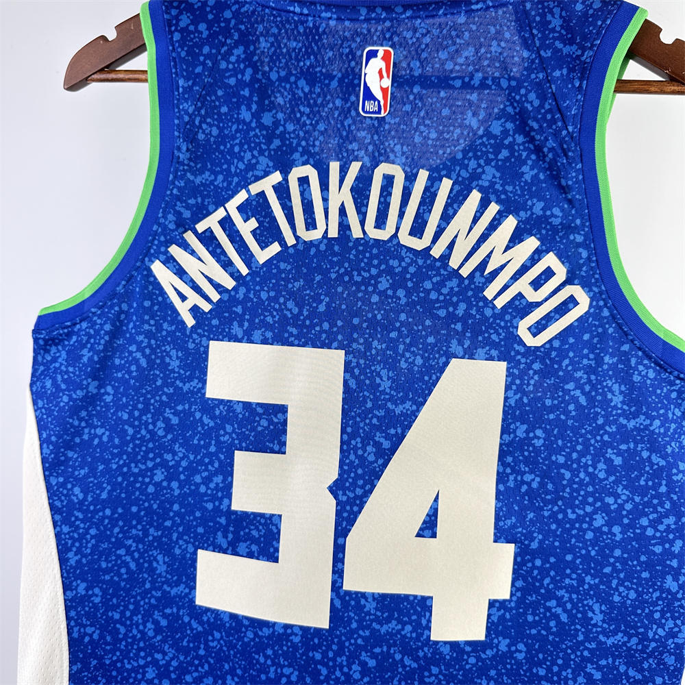 NBA Milwaukee Bucks 2024 Round Neck City Edition Blue jersey ANTETOKOUNMPO#34 S-XXL