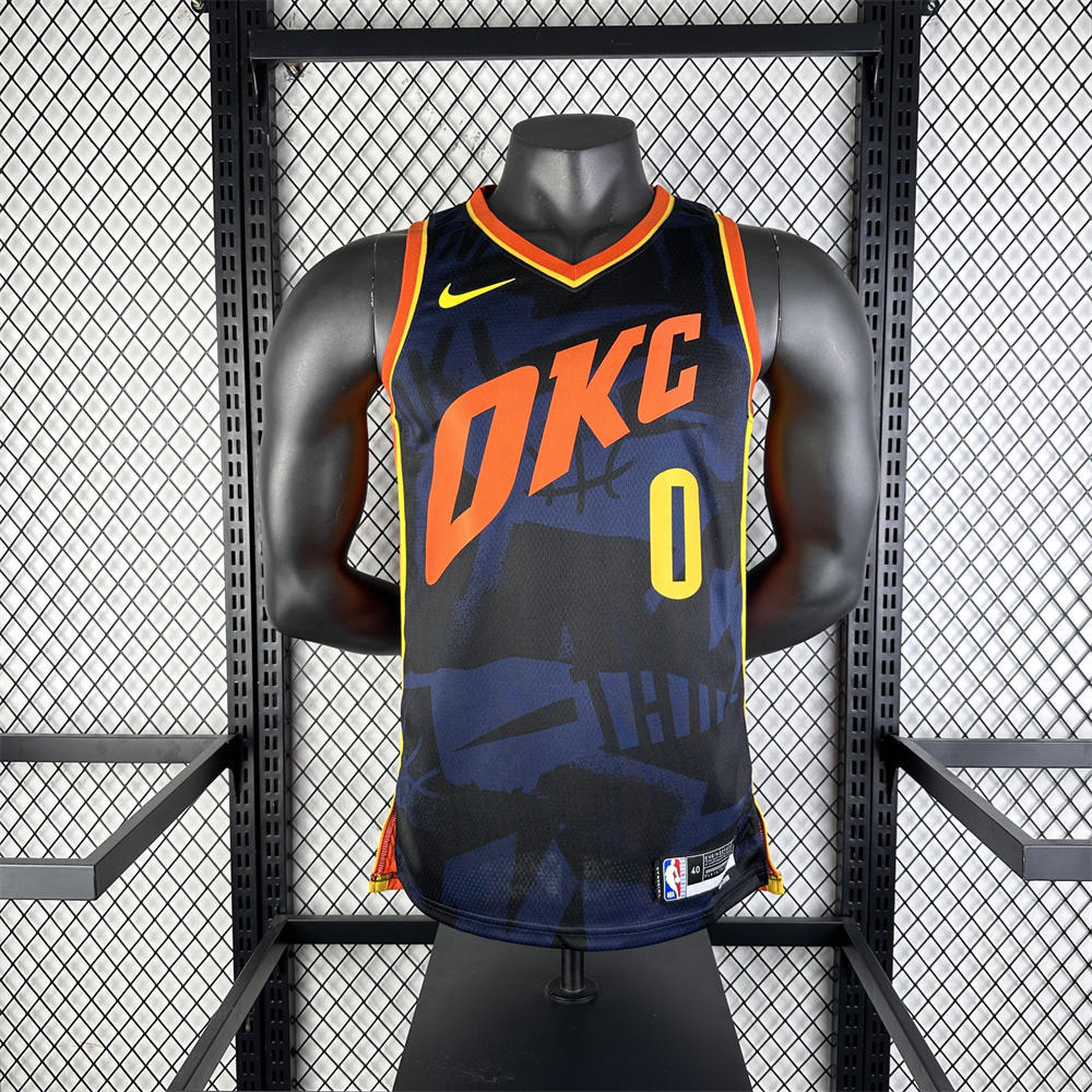 NBA Oklahoma City Thunder 2024 City Edition V-Neck Black Jersey WESTBROOK#0 S-XXL