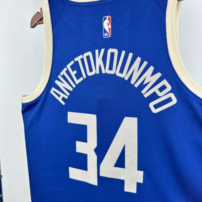 NBA Milwaukee Bucks 2025 V-Neck City Edition Blue jersey ANTETOKOUNMPO#34 S-XXL