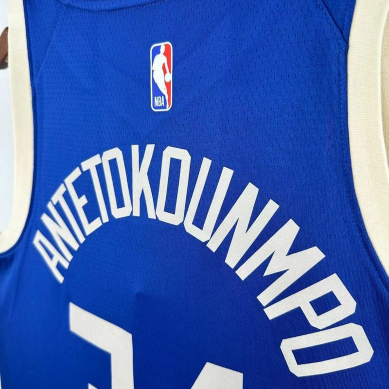 NBA Milwaukee Bucks 2025 V-Neck City Edition Blue jersey ANTETOKOUNMPO#34 S-XXL