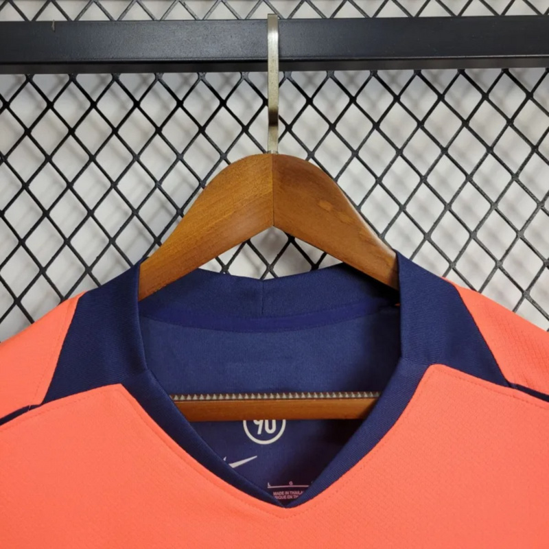Close-up of the 2025-26 Barcelona Second Away Jersey navy collar and neckline stitching, highlighting premium craftsmanship and color contrast.