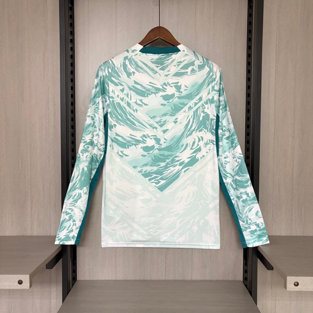 Back view of the Portugal 2026 World Cup away long sleeve jersey fan version with teal wave pattern across a white base and clean back design for player name and number.