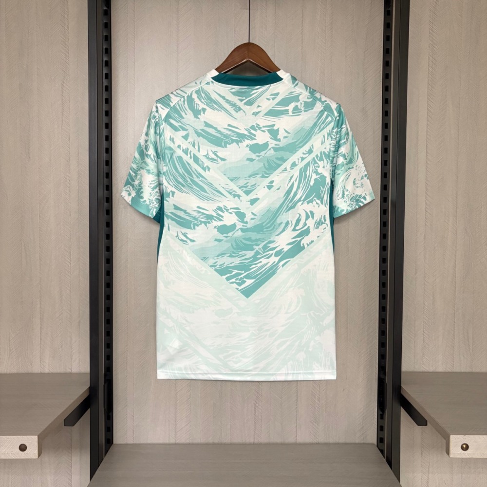 Back view of the Portugal 2026 World Cup away jersey fan version featuring teal abstract wave graphics on a white background.