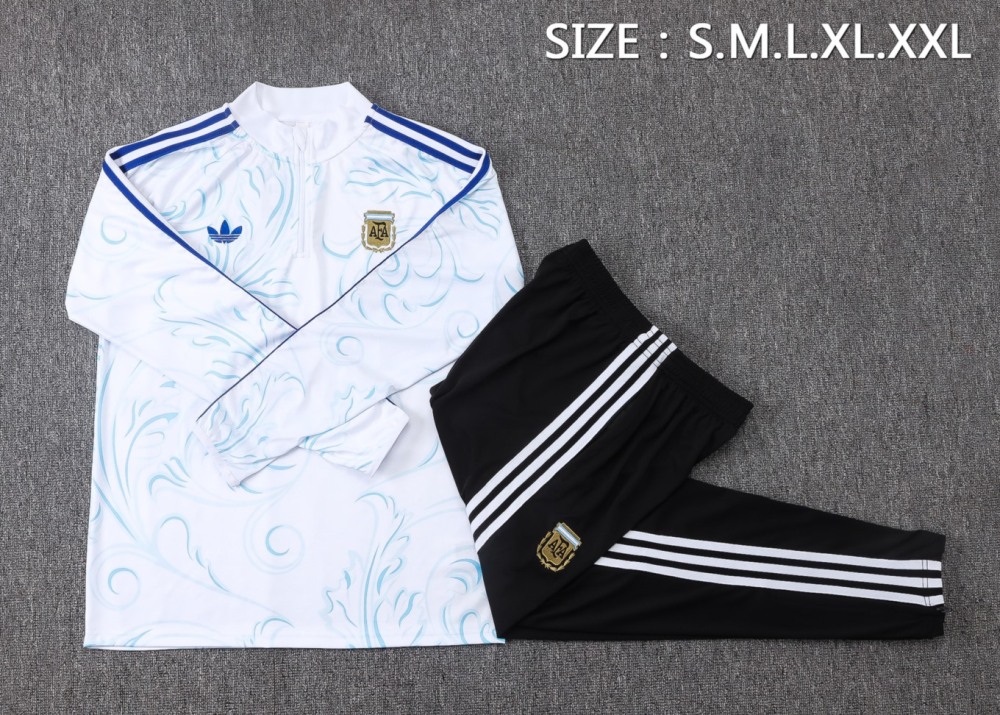 2026 Argentina White Long-sleeved half-pull training kit