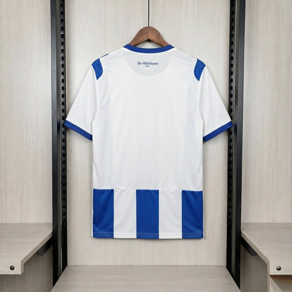 Hertha BSC 2026/27 home shirt back - plain white body with blue collar and Die Alte Dame neck print