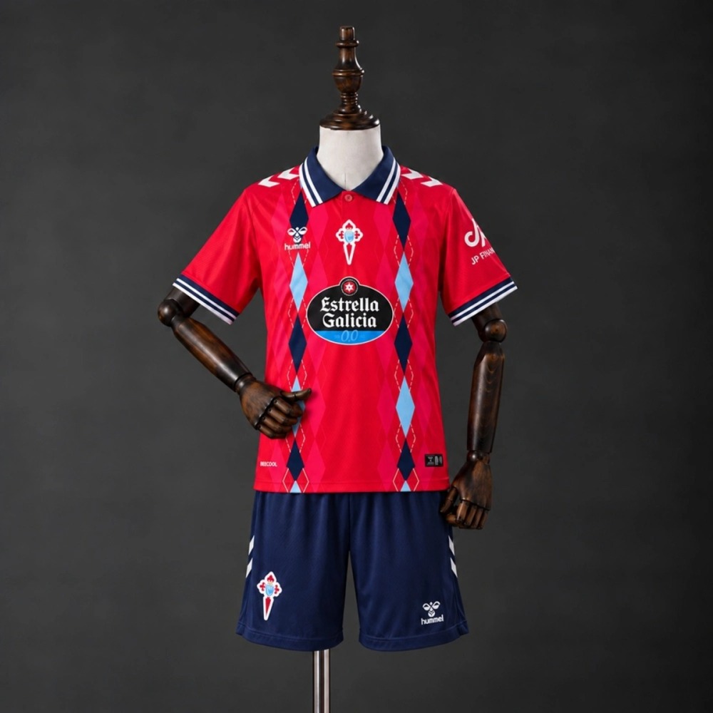 Celta Vigo 2026/27 third kids kit front - red jersey and navy shorts set with sky blue and navy diamond pattern, navy polo collar, centred club crest and Estrella Galicia 0,0 sponsor