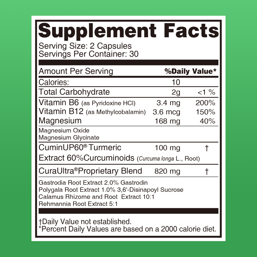 Brain Health Supplements with Magnesium Complex & Vitamin B6 B12, Turmeric Extract Curcumin - Supports Memory, Focusv