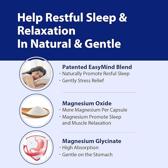 Magnesium Oxide and Glycinate Extra Strength, Natural Sleep Aid Supplement EasyMind, High Absorption, Restful Sleep & Relaxation, Cortisol Lower, Natural-Gentle, Melatonin Free, 60 Capsules