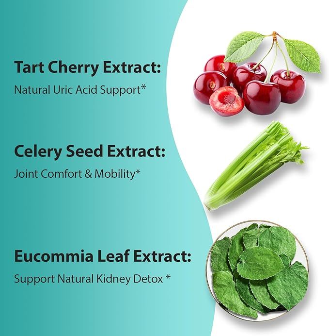 Natural Purge Uric Acid Flush, Support Uric Acid Cleanse and Balance, Joints and Mobility, Tart Cherry, Celery Seed and Eucommia Leaf Extract, Feet and Joint Support Supplement, 60 Capsules