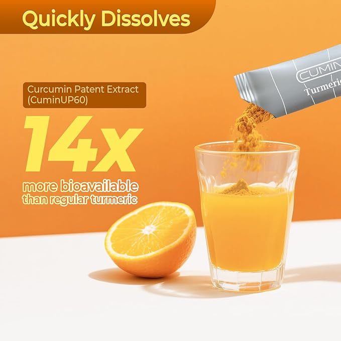 Turmeric Curcumin Drink Powder, Turmeric Immunity Shots with Vitamin C, Orange Flavor Instant Drink Mix Packets, High Absorption Curcumin Complex CuminUP60, Immune & Joint Support Supplement