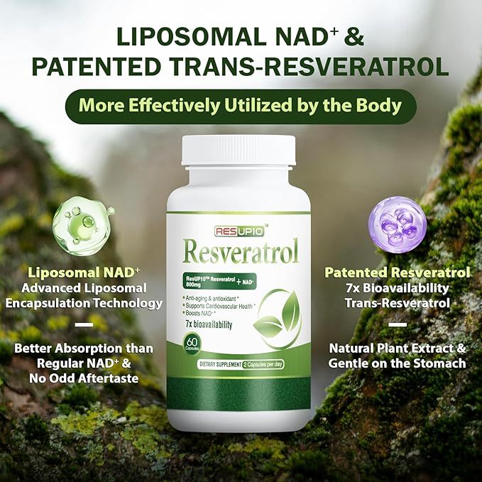 Liposomal NAD+ Resveratrol Supplement 1300mg, High Bioavailable Trans Resveratrol ResUP10, with Extra Strength NAD Plus, Support Aging, Cardiovascular Health and Cellular Energy, 60 Capsules