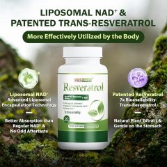 Liposomal NAD+ Resveratrol Supplement 1300mg, High Bioavailable Trans Resveratrol ResUP10, with Extra Strength NAD Plus, Support Aging, Cardiovascular Health and Cellular Energy, 60 Capsules