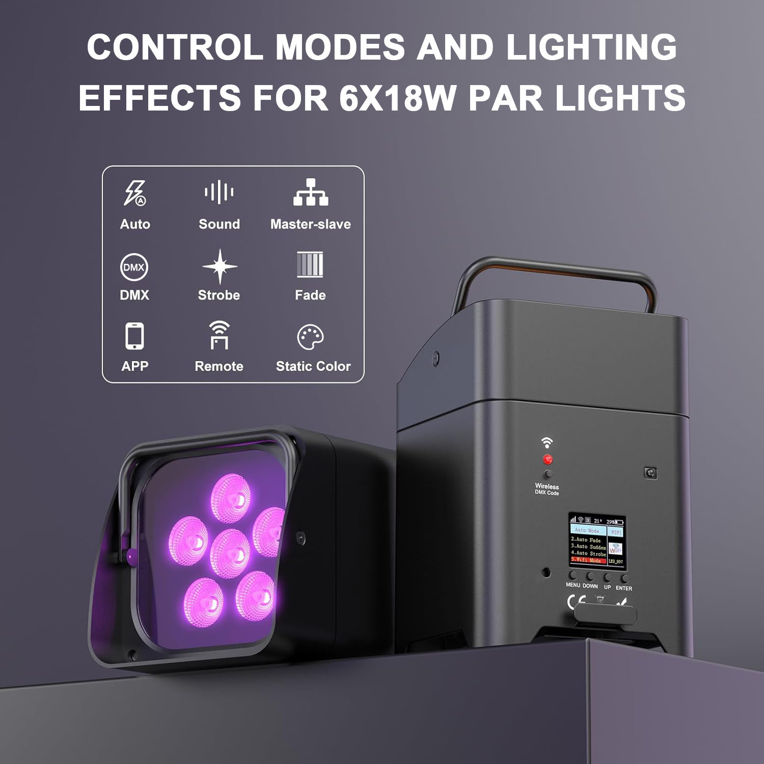 6*18W Battery Par light 2.4G Wireless DMX512 W-DMX Voice Wifi RDM Control  RGBWA+UV 6in1 Led Uplight for Club Party Stage