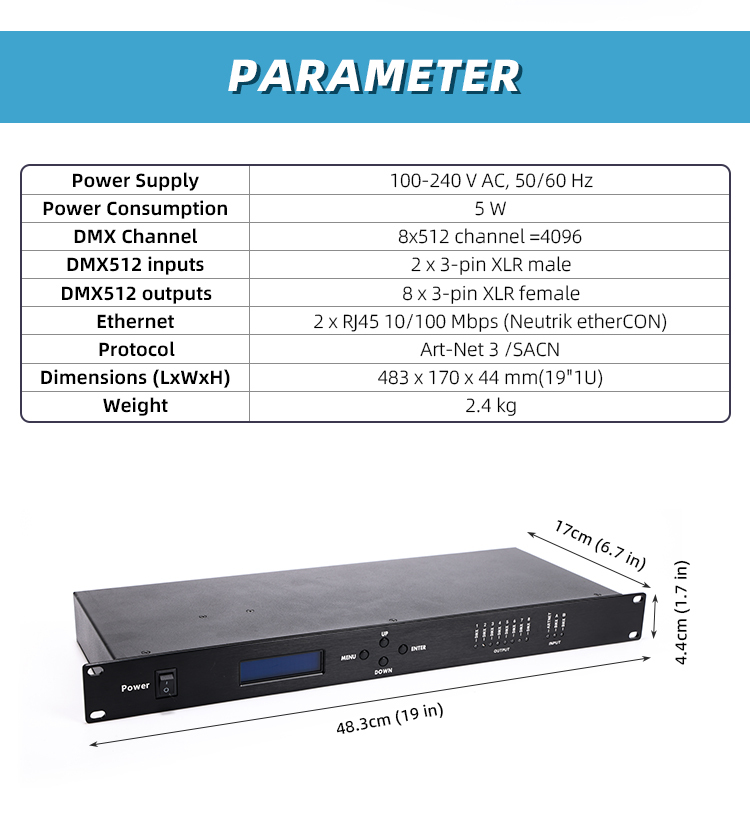 Artnet Dmx 8 Way Network Expander 8x512 4096 Channels Stage DJ Light Control Exquipment artnet DMX signal converter For Stage DJ