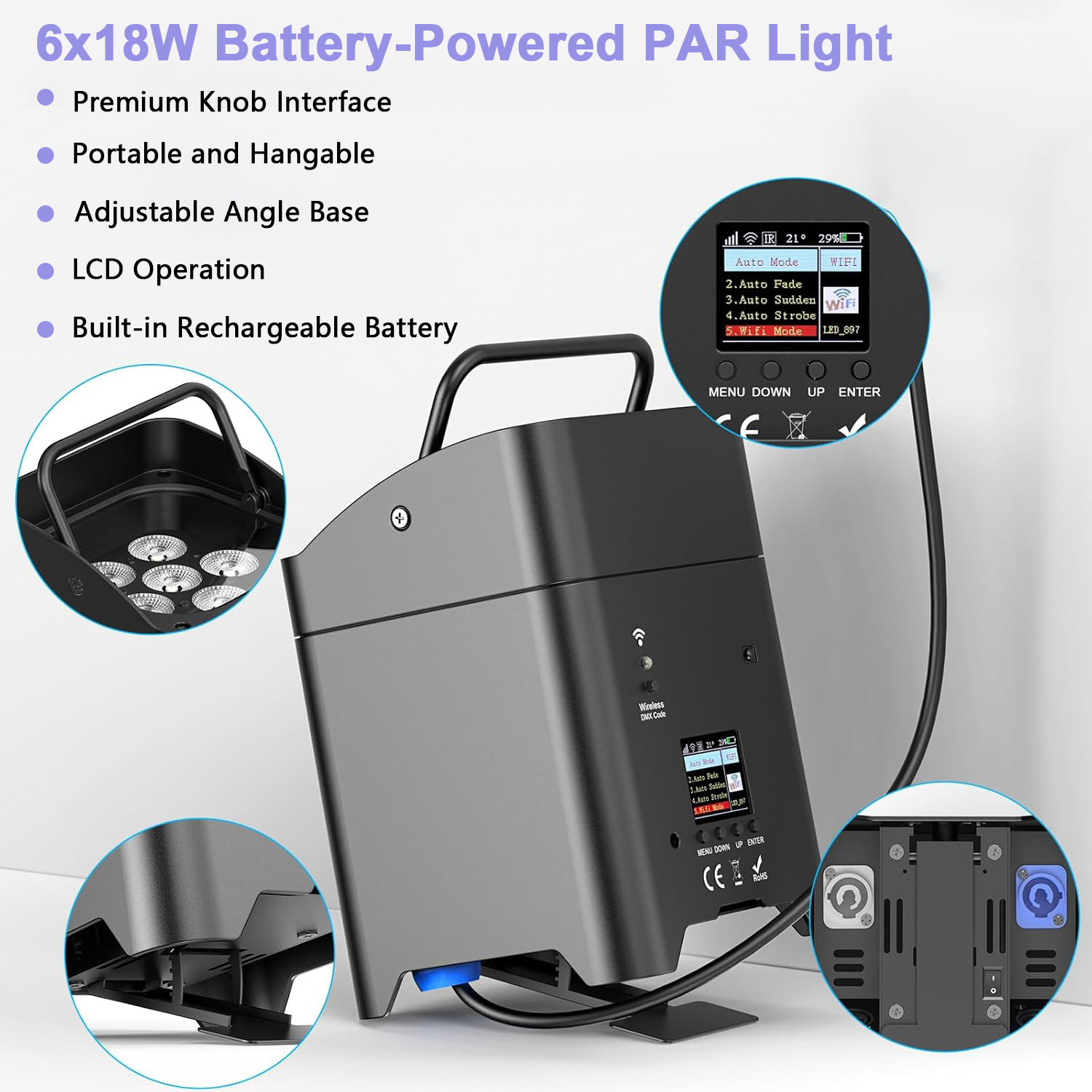 6*18W Battery Par light 2.4G Wireless DMX512 W-DMX Voice Wifi RDM Control  RGBWA+UV 6in1 Led Uplight for Club Party Stage